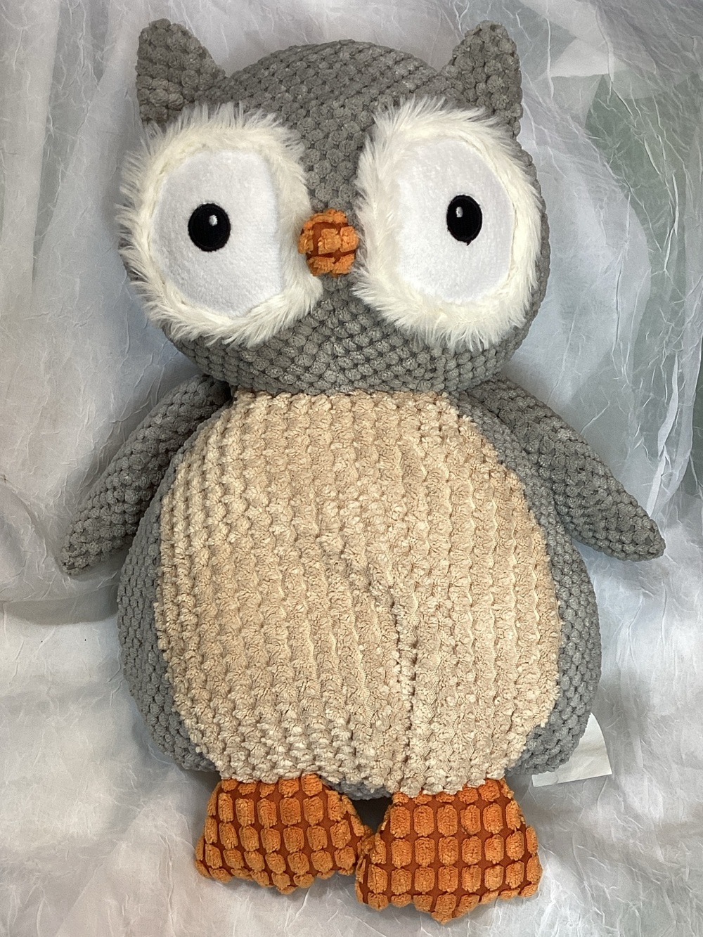 Pier 1 Large Plush Owl Grey & Cream Nursery Room Decor Stuffed Toy